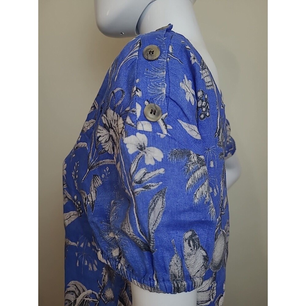 J Crew Blue White Floal Tropical Cap Sleeve Key Whole Back Round Neck Top Small - Picture 2 of 8